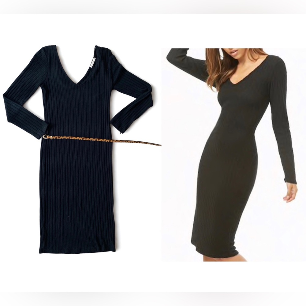 Forever 21 Black Warm Midi Dress Long Sleeve Fitted Dress leopard belt sz L NWOT